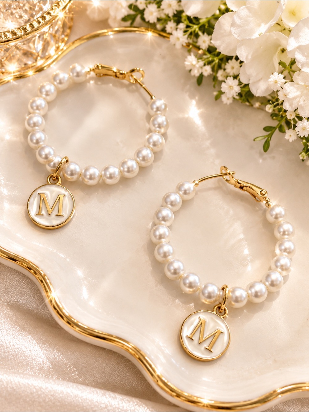 Gold & Pearl Hoop Initial 'M' Earrings